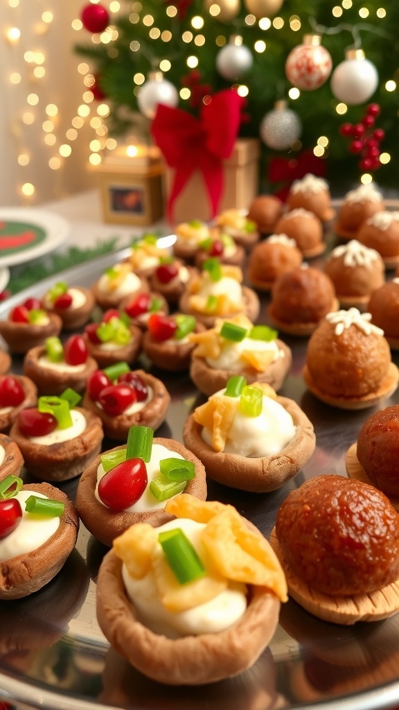 A festive platter of Christmas appetizers including stuffed mushrooms, cranberry brie bites, and meatballs on a decorated holiday table.